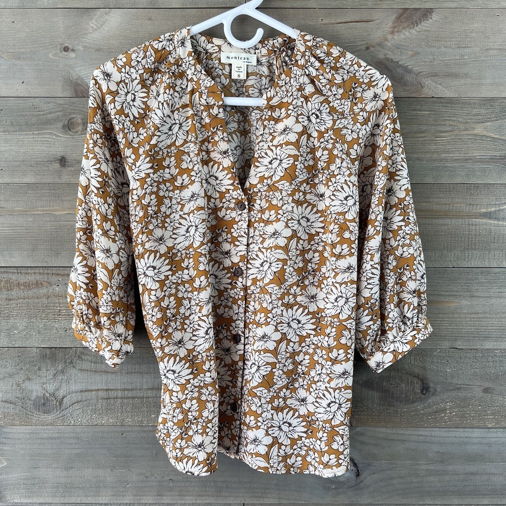 Monteau Womens Shirt Short Sleeve Button‎ Up Vneck Blouse Floral Size Small